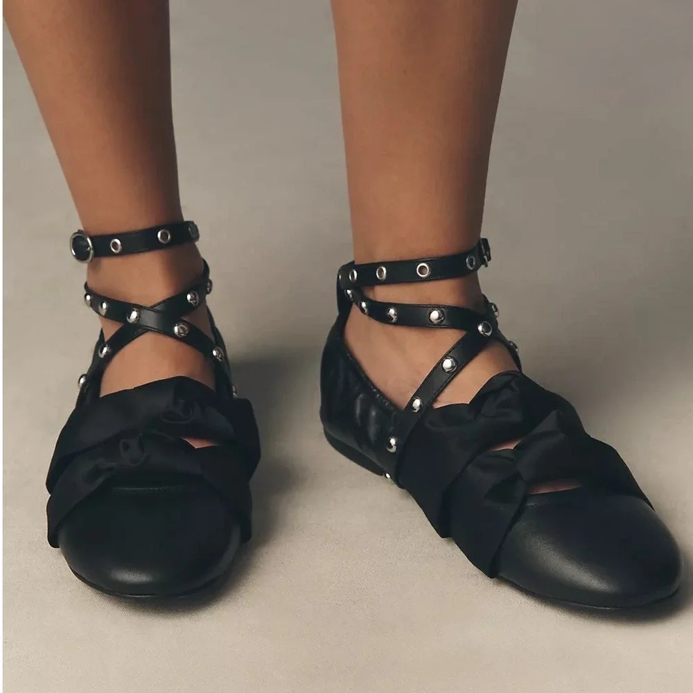 NIB Anthropologie Maeve Moto Ballet Flats EU 38/7-7.5 Black Leather Studded $178